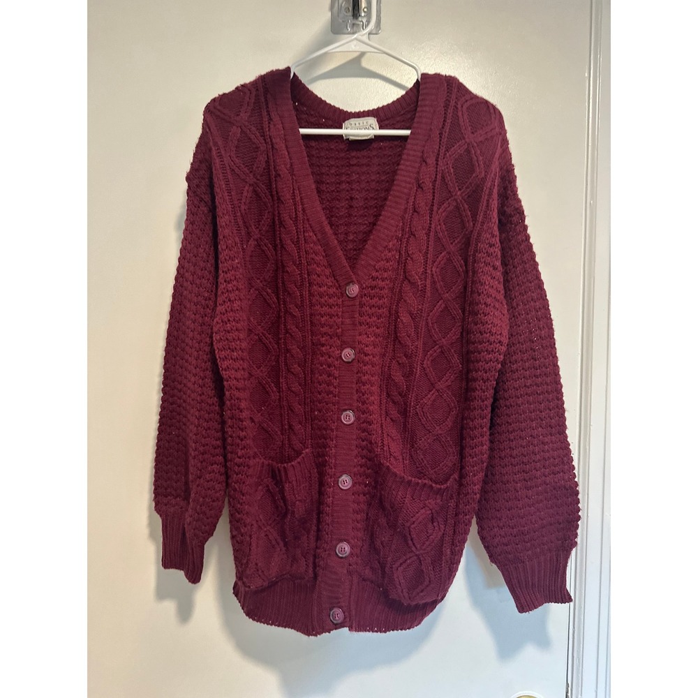 Vintage Basic Editions Dark Academia Cable Knit fall Cardigan Sz:L Maroon